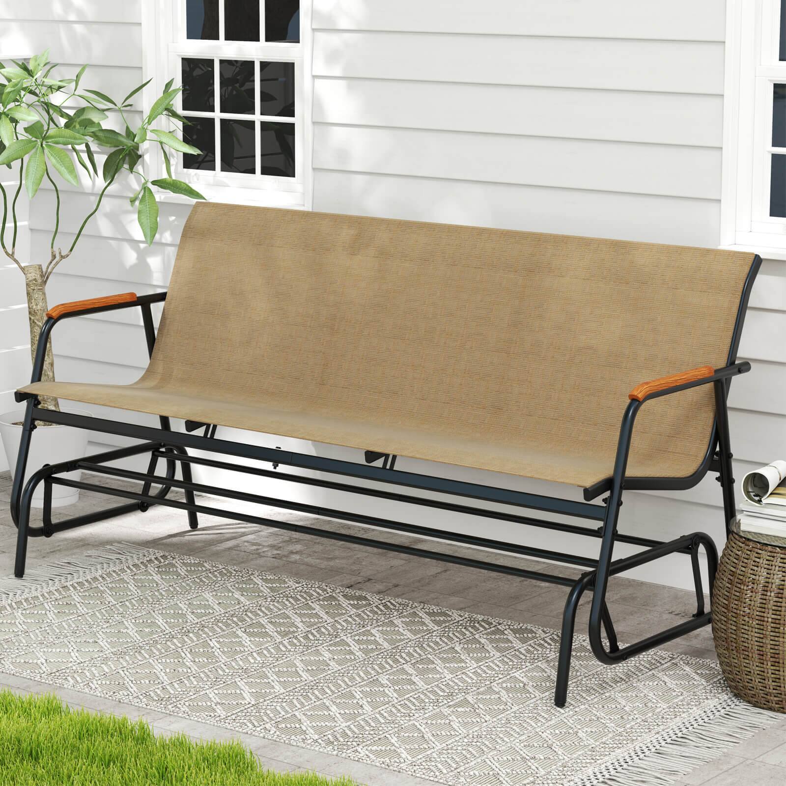 Alt View 3. Costway - Costway Patio Glider Bench for 3 Swing Gliding Loveseat with Curved Teak Armrests for Porch - Black + Brown.