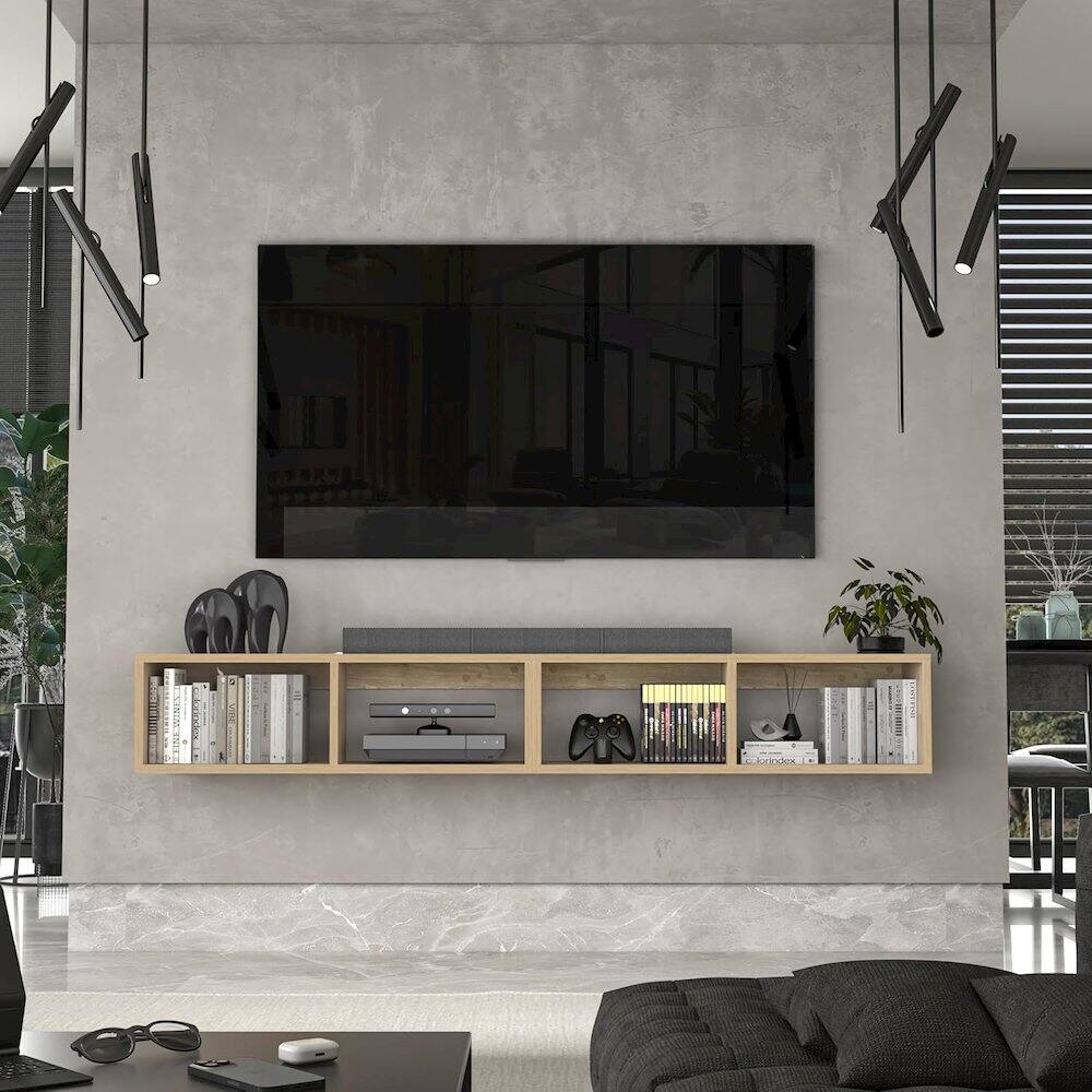 Left. Atelier Mobili - Floating TV Shelf - 75 Inch TV Stand - Modern Wall Mounted Design - Beige.