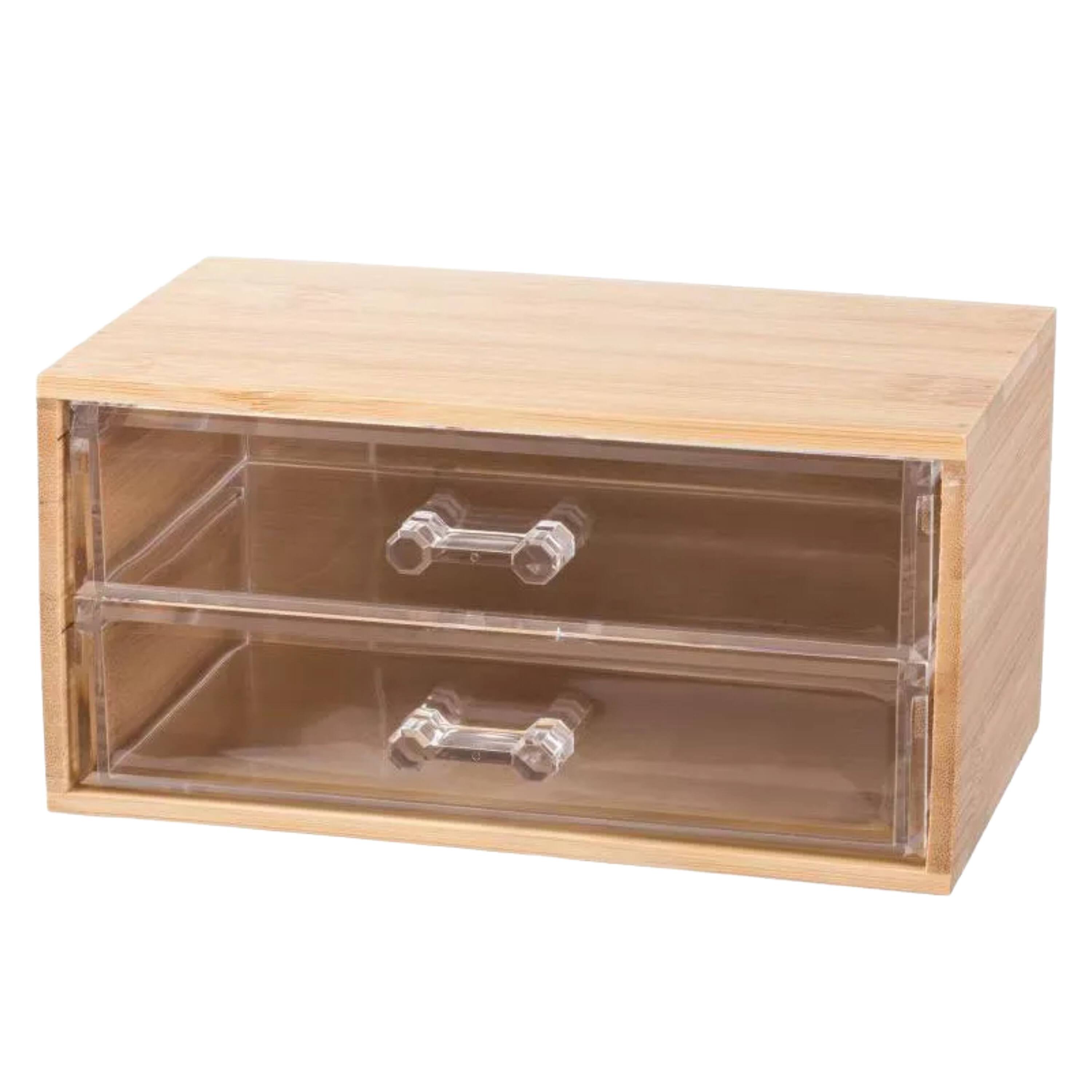 Elle - Compact Bamboo Makeup & Jewelry Organizer with 2‑Tier Clear Acrylic Drawers, Nonslip Storage Box for Beauty Accessories - Clear/Natural Bamboo