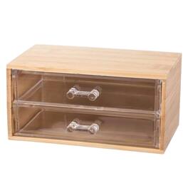 Elle - Compact Bamboo Makeup & Jewelry Organizer with 2‑Tier Clear Acrylic Drawers, Nonslip Storage Box for Beauty Accessories - Clear/Natural Bamboo