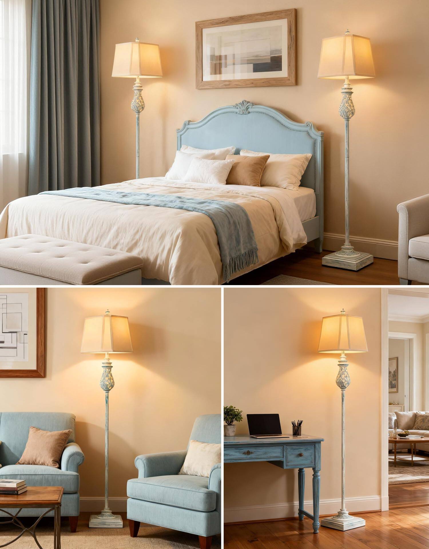Alt View 1. Pawtners - 64'' Vintage Floor Lamp with Nightlight, Standing Lamp with Rotary Switch and Beige Linen Shade, Blue (Bulb Included).