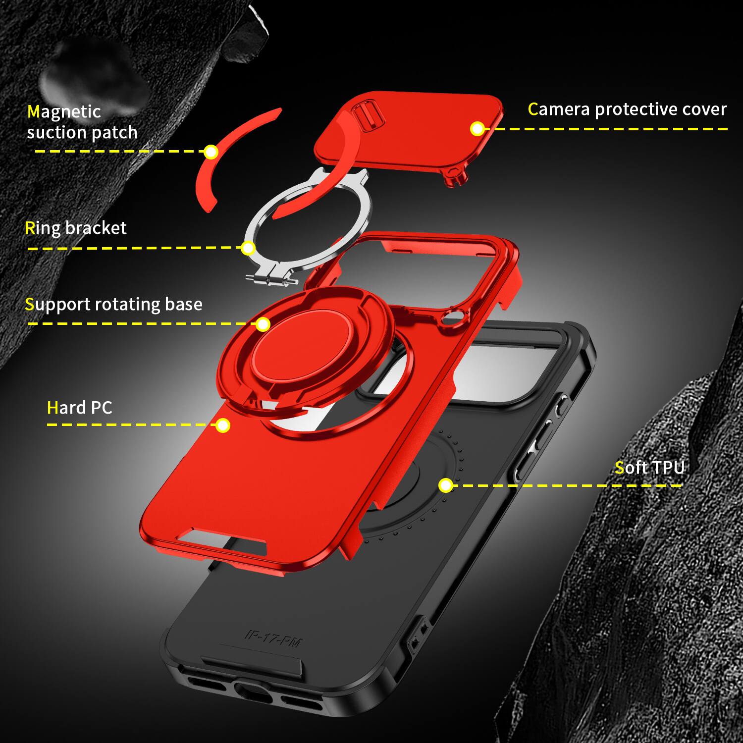 Magnetic suction patch  
Camera protective cover  
Ring bracket  
Support rotating base  
Hard PC  
Soft TPU  
IF-17-PM