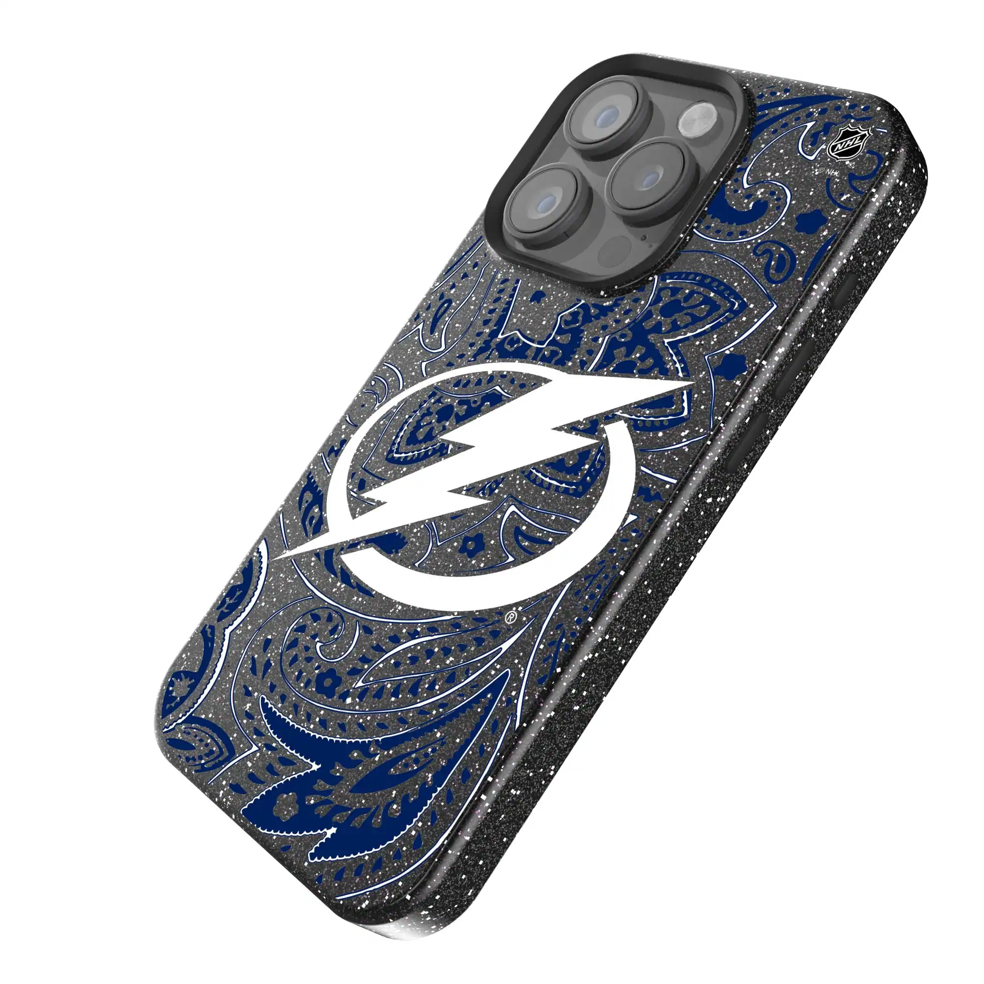 Alt View 1. Keyscaper - Black Tampa Bay Lightning Paisley Bling iPhone Case - 15 Plus - Black.