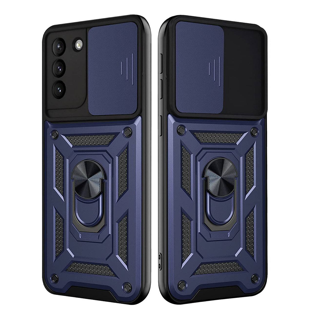 Front. Reiko - Samsung Galaxy S21 Blue Case with Kickstand Ring Holder, Slide Camera Cover, Shockproof TPU, Magnetic Mount - Blue.