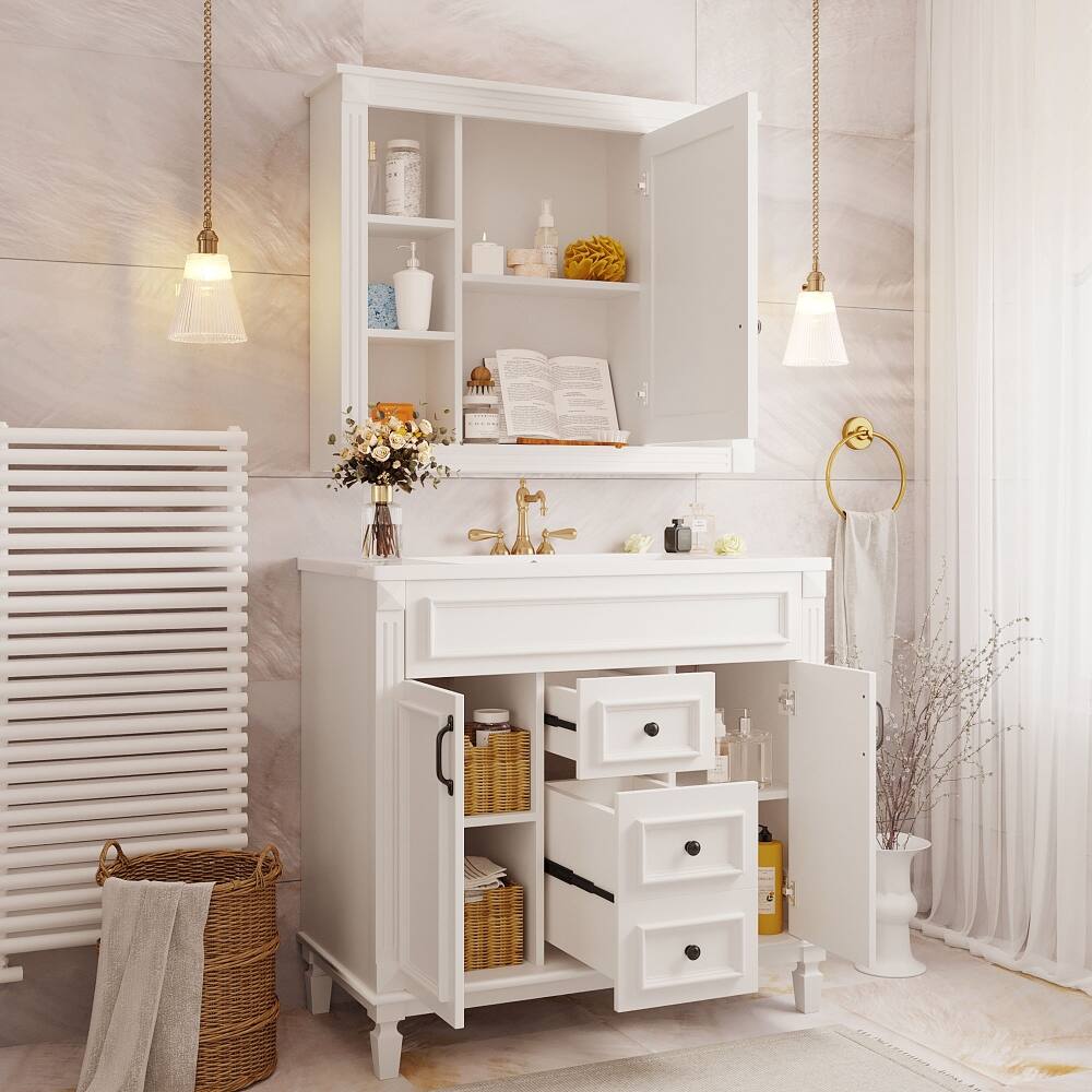 Back. Loheer - Loheer 36 Inch Bathroom Vanity with Sink and Mirror Cabinet, White Modern Bathroom Vanity with Soft Close Doors - White.