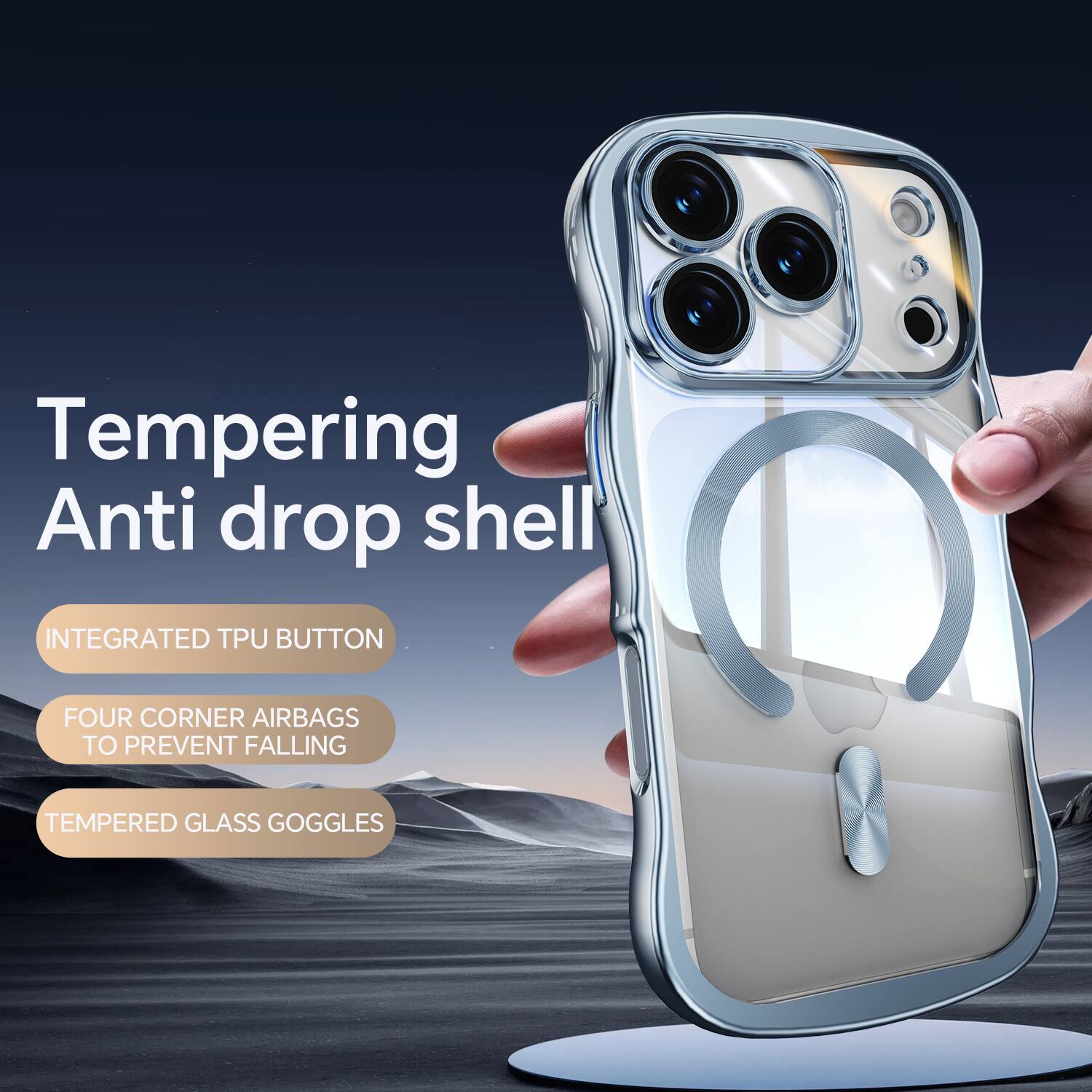 Tempering Anti drop shell  
INTEGRATED TPU BUTTON  
FOUR CORNER AIRBAGS TO PREVENT FALLING  
TEMPERED GLASS GOGGLES