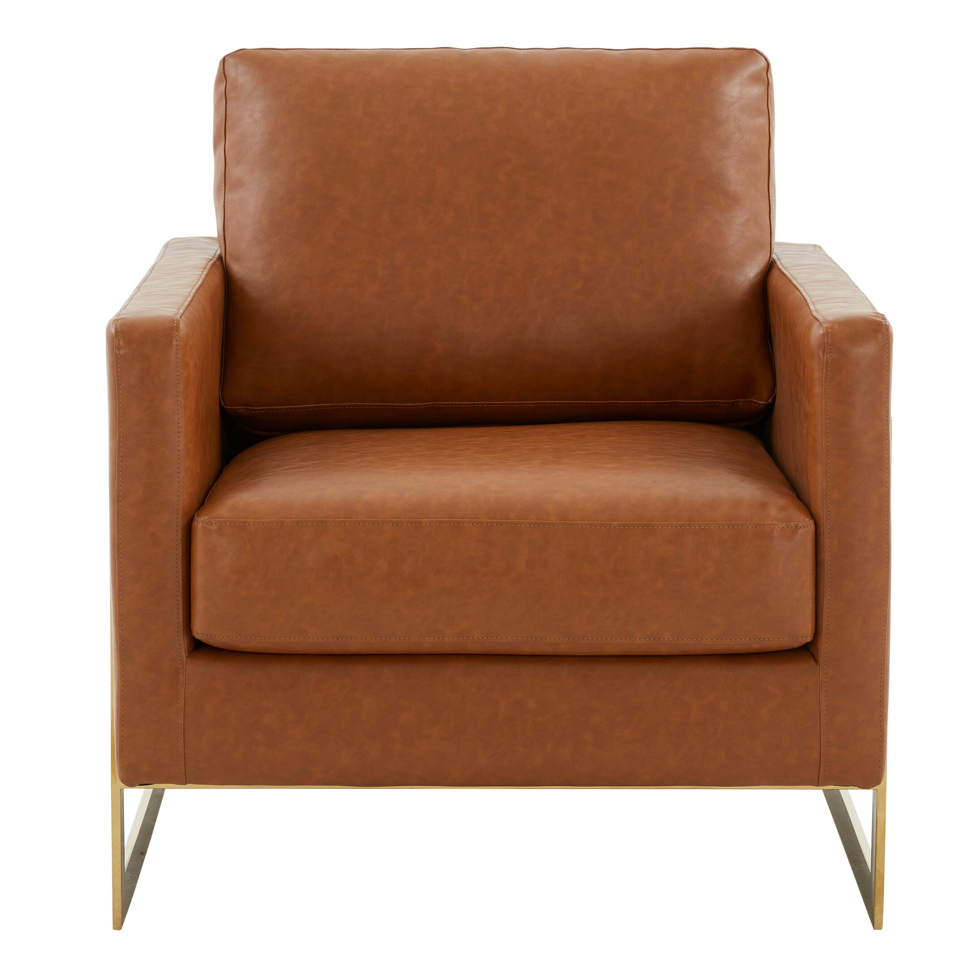 Alt View 1. LeisureMod - Lincoln Modern Leather Accent Chair, Gold Stainless Steel Base Armchair - Fully Assembled - Cognac Tan.