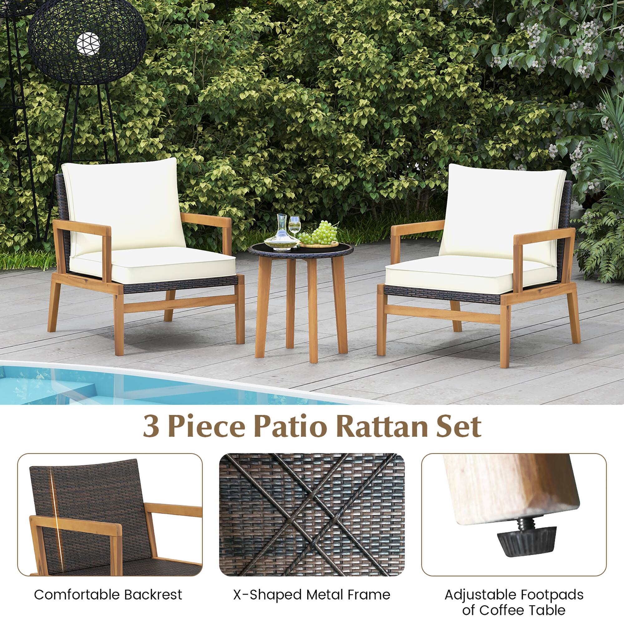 3 Piece Patio Rattan Set

Comfortable Backrest
X-Shaped Metal Frame
Adjustable Footpads of Coffee Table