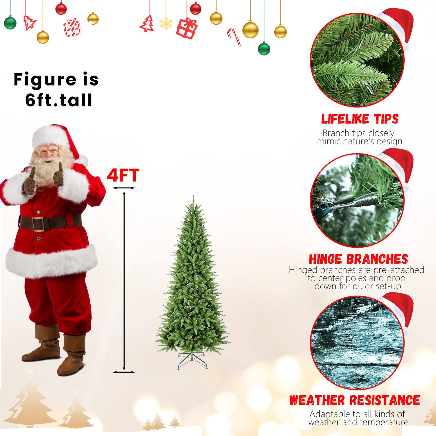 - Figure is 6ft. tall
- 4FT
- LIFELIKE TIPS: Branch tips closely mimic nature's design
- HINGE BRANCHES: Hinged branches are pre-attached to center poles and drop down for quick set-up
- WEATHER RESISTANCE: Adaptable to all kinds of weather and temperature