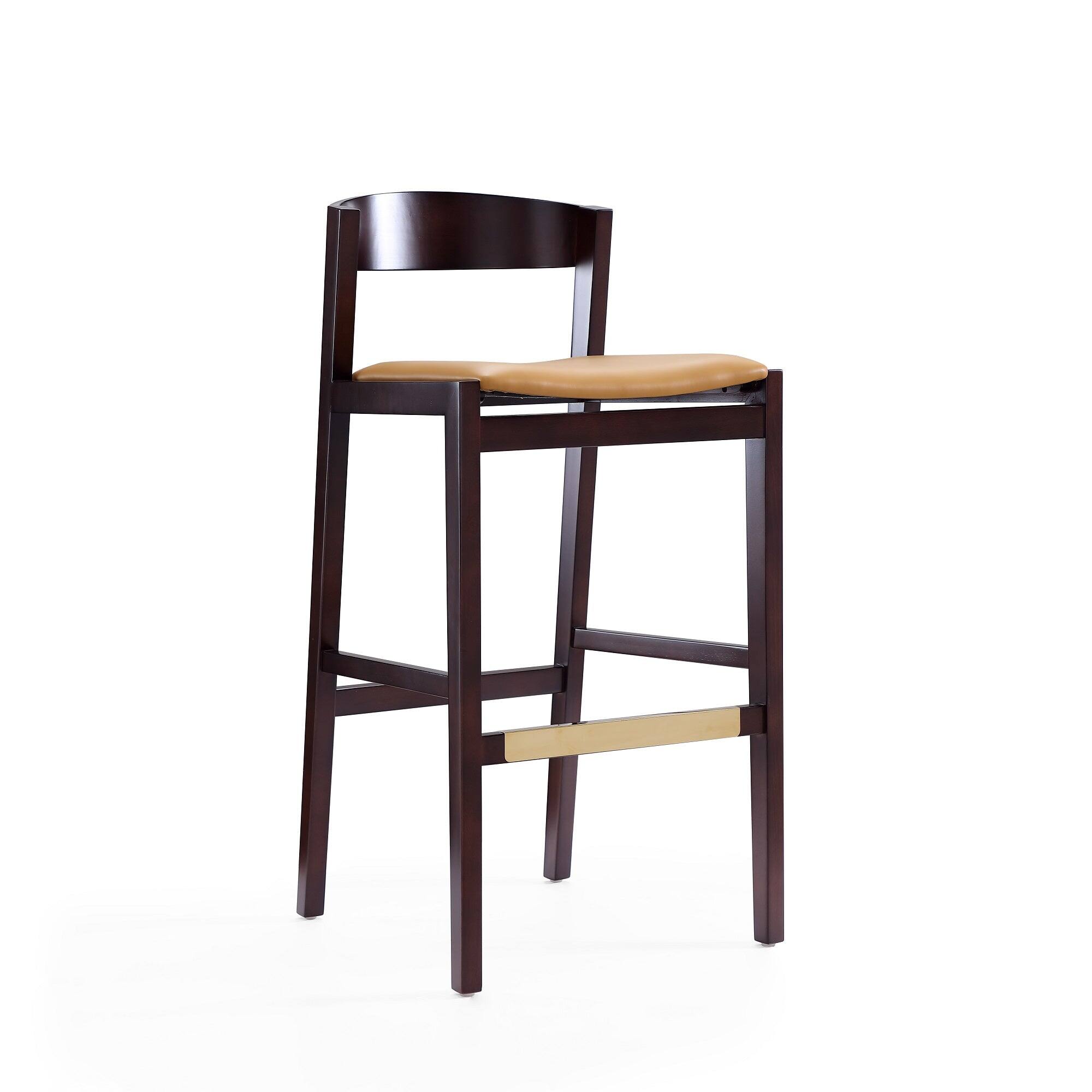 Left. Manhattan Comfort - Klismos Mid-Century Modern Wood Upholstered Barstool - Set of 2 - Camel.