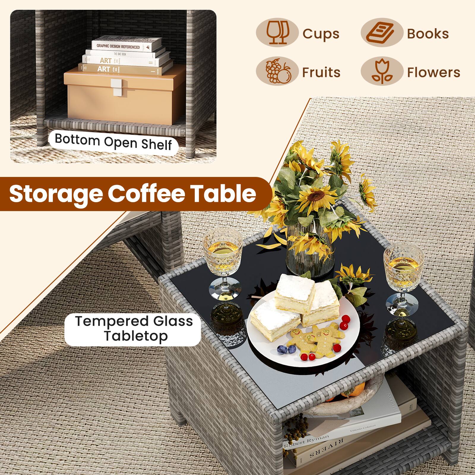 GRAPHIC DESIGN REFERENCE - ART (1 - 4) - Cups, Fruits, Books, Flowers, Bottom Open Shelf, Storage Coffee Table, Tempered Glass Tabletop, Robert F.