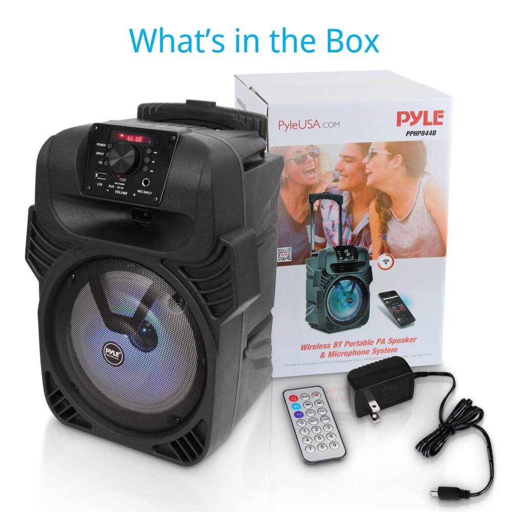 What's in the Box

PyleUSA.COM

PYLE PPHP844B

Wireless BT Portable PA Speaker & Microphone System

- PYLE Portable PA Speaker with built-in Bluetooth
- 100W RMS
- 12" Woofer
- 1" Tweeter
- 100W Peak Power
- 100W RMS
- 12" Woofer
- 1" Tweeter
- 100W Peak Power
- 100W RMS
- 12" Woofer
- 1" Tweeter
- 100W Peak Power
- 100W RMS
- 12" Woofer
- 1" Tweeter
- 100W Peak Power
- 100W RMS
- 12" Woofer
- 1" Tweeter
- 100W Peak Power
- 100W RMS
- 12" Woofer
- 1" Tweeter
- 100W Peak Power
- 100W RMS
- 12" Woofer
- 1" Tweeter