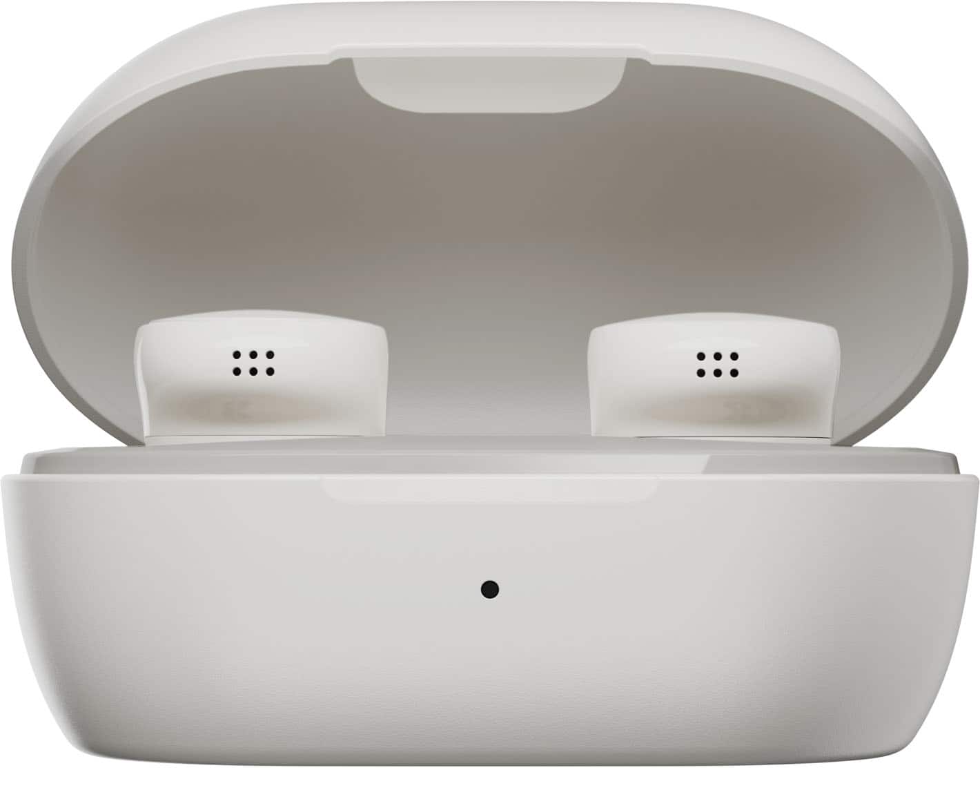 The image shows a white case with two earbuds inside. The earbuds are placed in the case, which is designed to protect and store them when not in use. The case is open, revealing the earbuds inside.