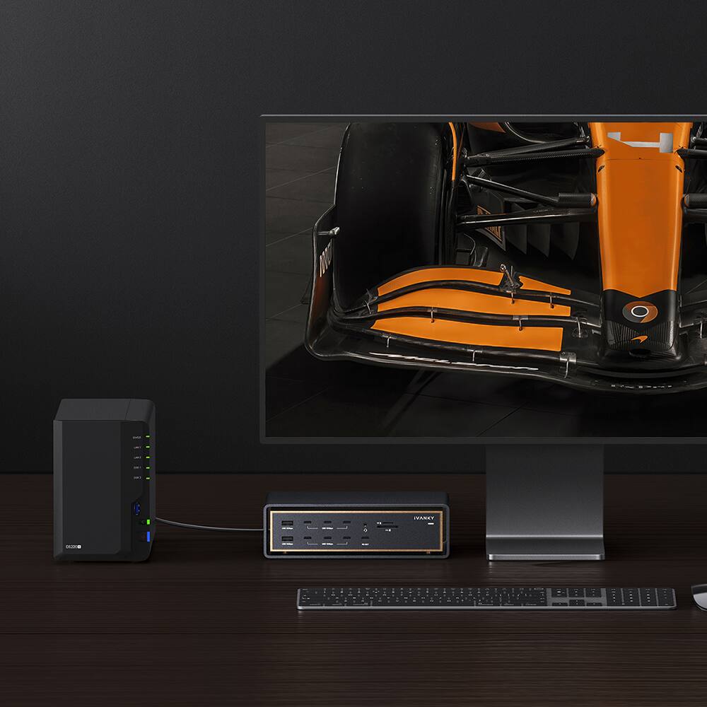 Angle. iVANKY - iVANKY 26-in-1 FusionDock Dual Thunderbolt 5 chips Docking Station quad 6K/triple 8K for Mac M1-M5  with TB 5 Cable.