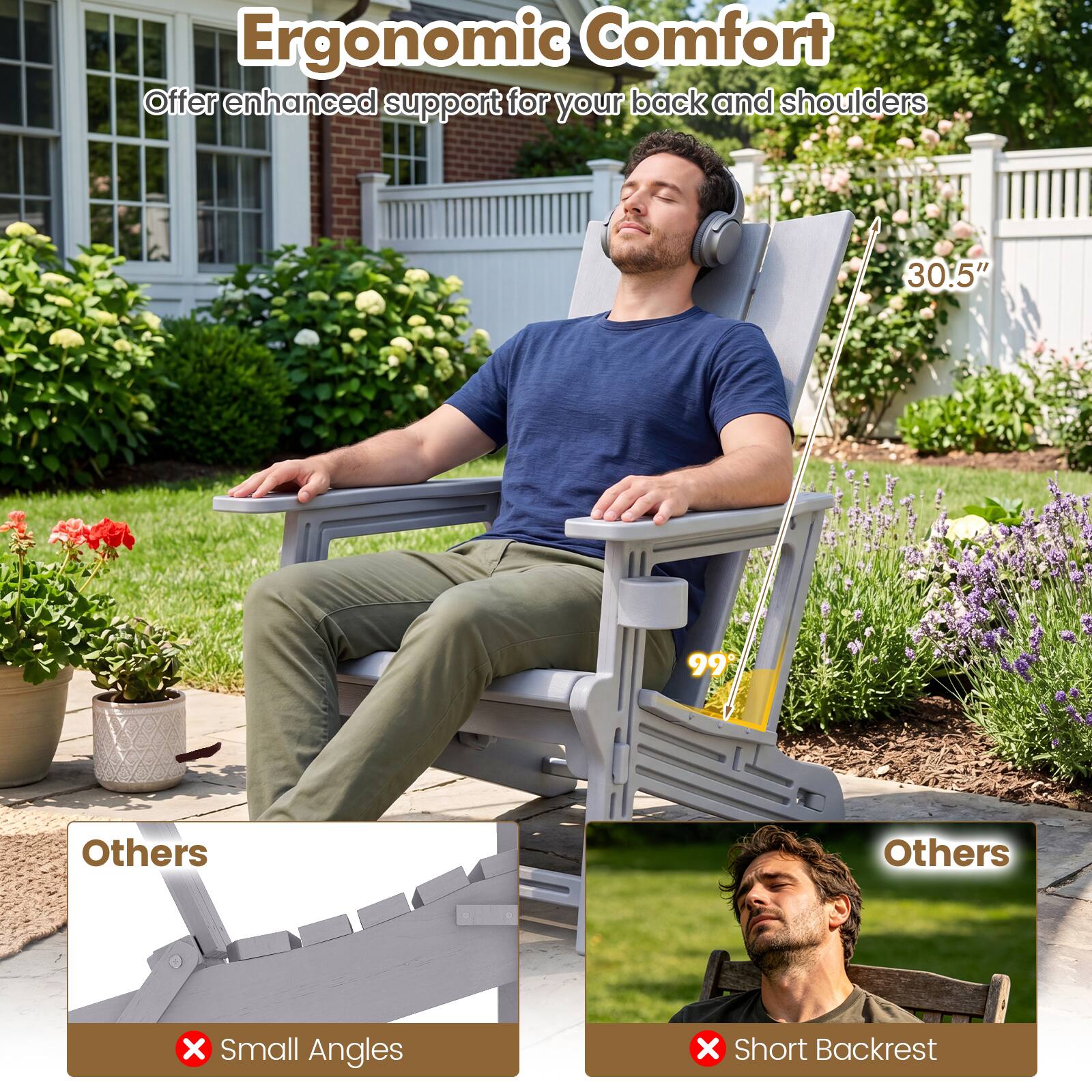 Ergonomic Comfort  
Offer enhanced support for your back and shoulders  

30.5"  
99°  

Others  
Small Angles  

Others  
Short Backrest