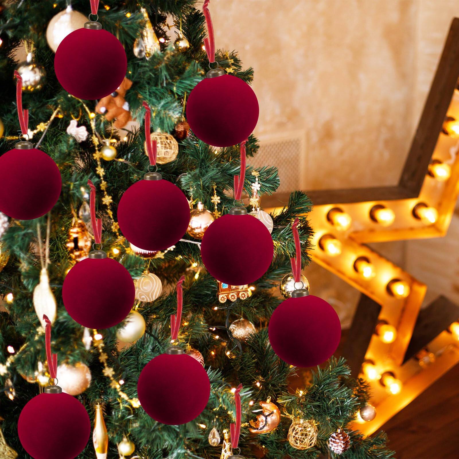 Alt View 3. Stylel Star - 32 Burgundy Christmas Balls Bulk - 3.15 Inch Flocked Tree Ball Ornaments Xmas Shatterproof Hanging For Garland - Burgundy.