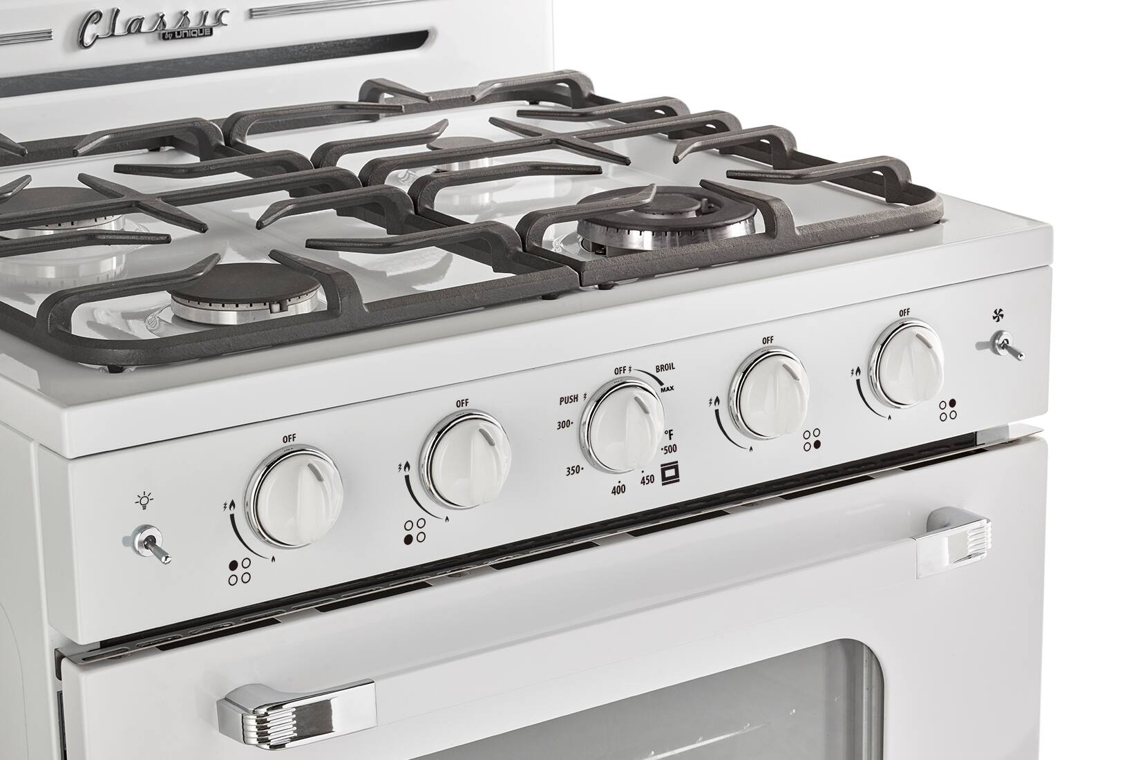 The text on the image reads: "Classic L Unique Off 3A 1 300-350-400-450-400 500 450 400 1 1 OFF." This text is likely related to the settings or functions of the stove, indicating the various temperature options and off/on settings for different burners.