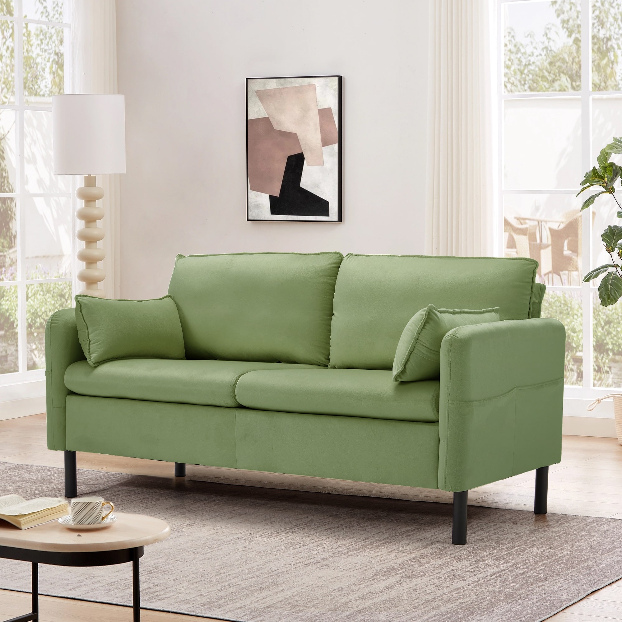 U-HOMY - Modern Loveseat Sofa with Storage Pockets and Cushions – Small Space 2-Seater Couch for Living Room - Green