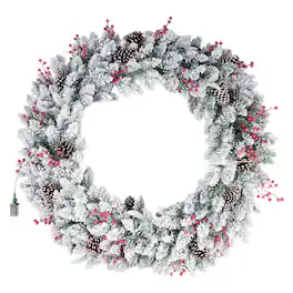 Elf Stor - Large Christmas Wreath with Lights, Berries, Pinecones, White, 48” - Green