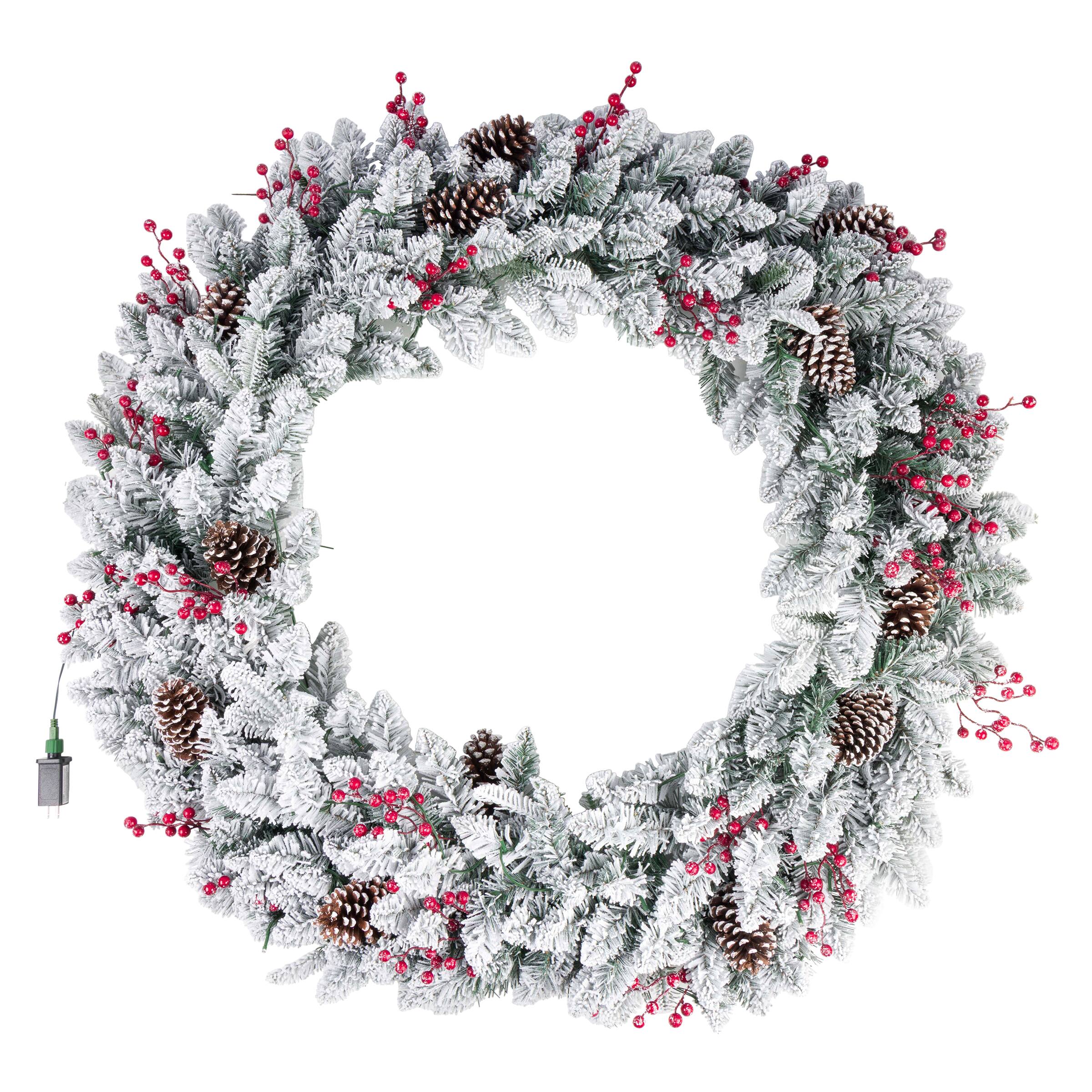 Front. Elf Stor - Elf Stor Large Christmas Wreath with Lights, Berries, Pinecones, White, 48” - Green.