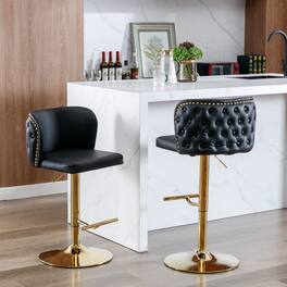 Trinkets Crazed - Swivel Barstools Set of 2, Adjusatble Seat Height with Gold-Plating Base, Classic PU Upholstered Bar Stools - Black