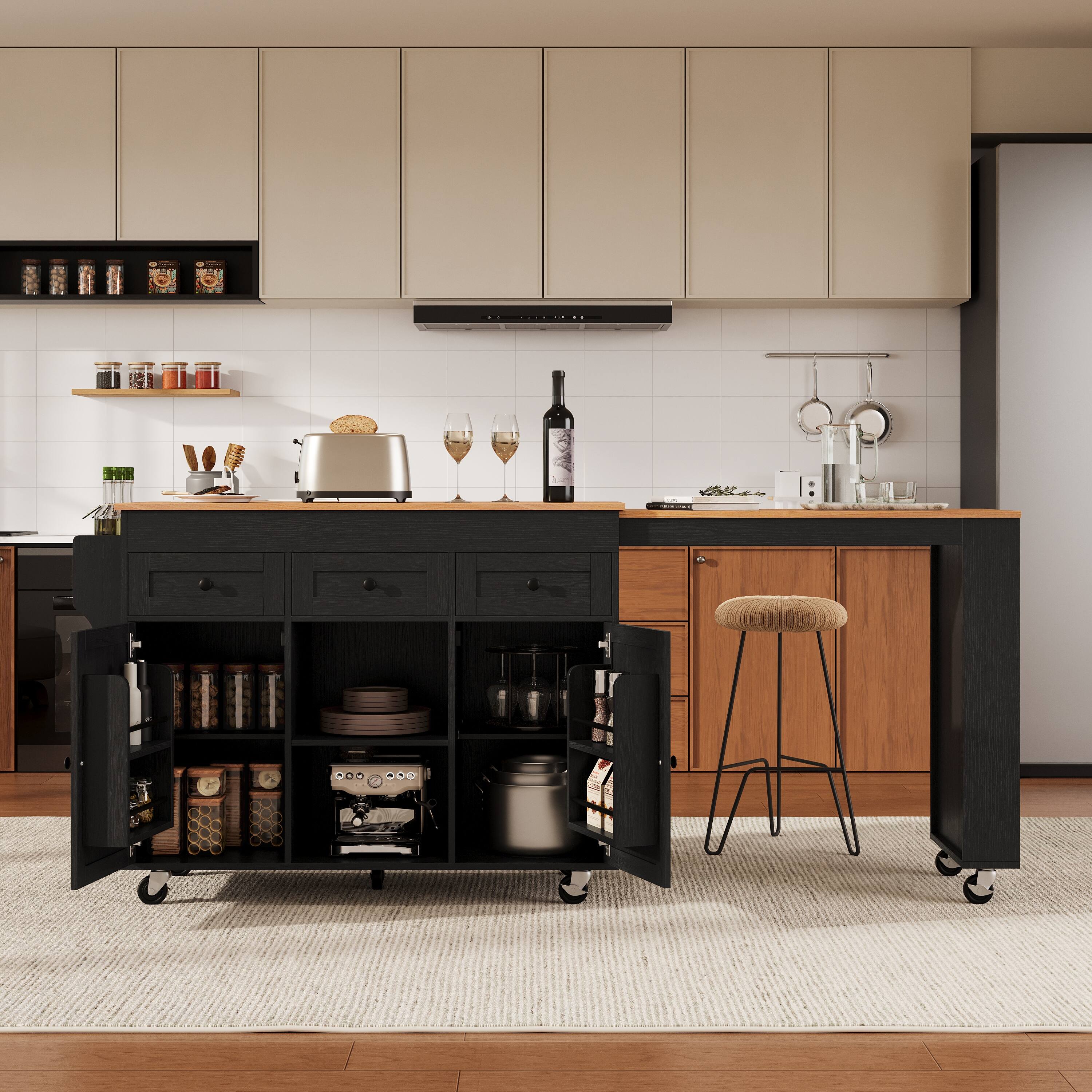 Alt View 4. Bestier - 85.5-Inch Rolling Kitchen Island with Extendable Dining Table, Power Outlet, 3 Drawers, 2 Doors and Side Open Shelves - Black.