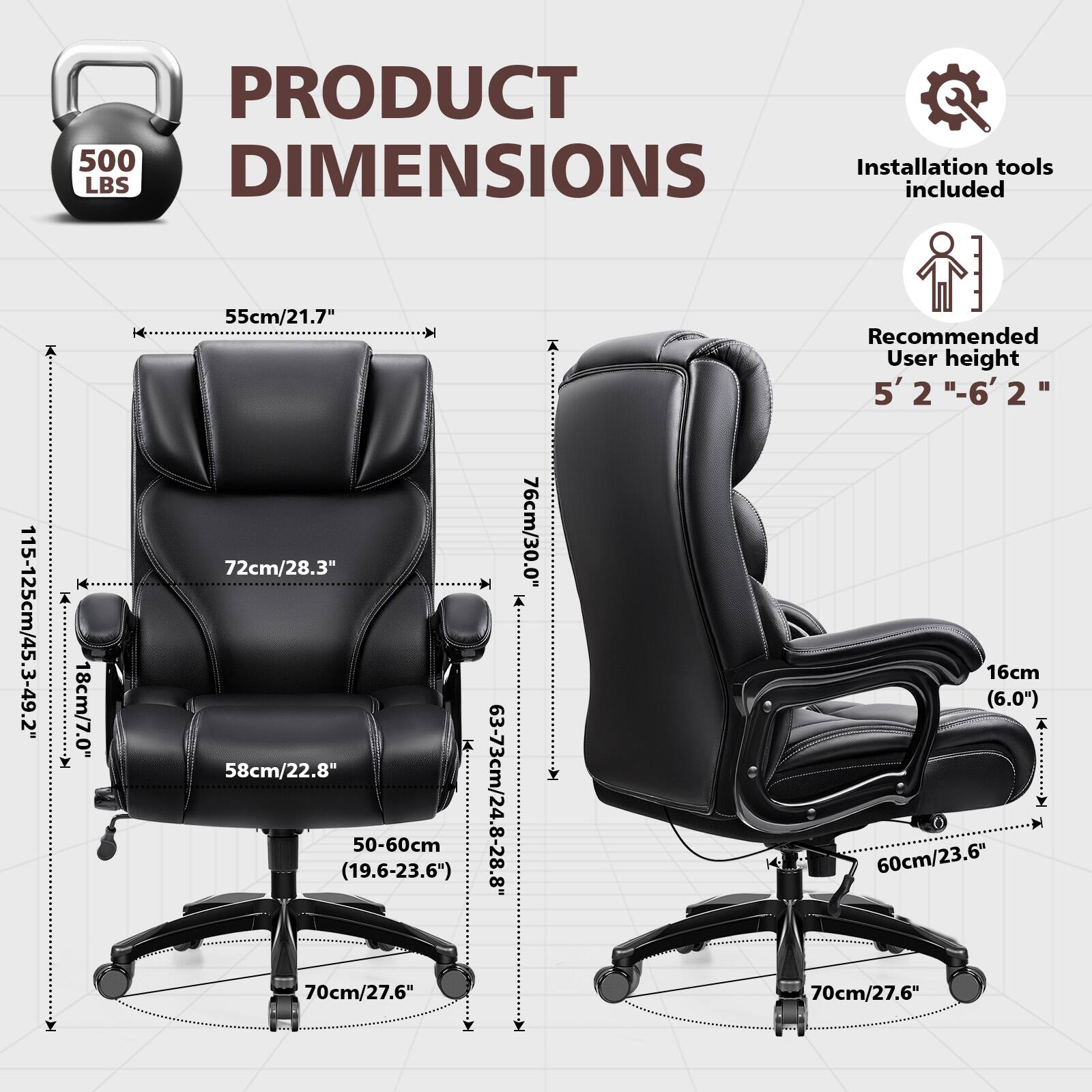 PRODUCT DIMENSIONS

Installation tools included

Recommended User height 5' 2"-6' 2"

55cm/21.7"

115-125cm/45.3-49.2"

72cm/28.3"

58cm/22.8" (19.6-23.6")

50-60cm

63-73cm/24.8-28.8"

70cm/27.6"

16cm (6.0")

60cm/23.6"