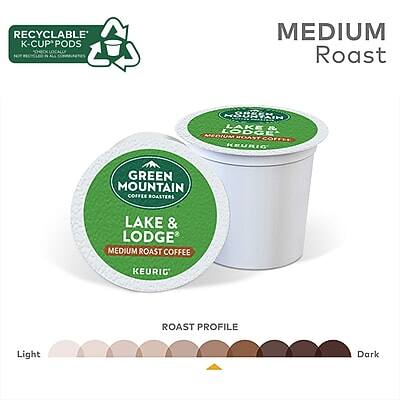RECYCLABLE K-CUP PODS  
KEURIG COMPATIBLE  

GREEN MOUNTAIN COFFEE  
LAKE & LODGE  
MEDIUM ROAST COFFEE  
KEURIG  

MEDIUM Roast  

ROAST PROFILE  
Light  
Dark