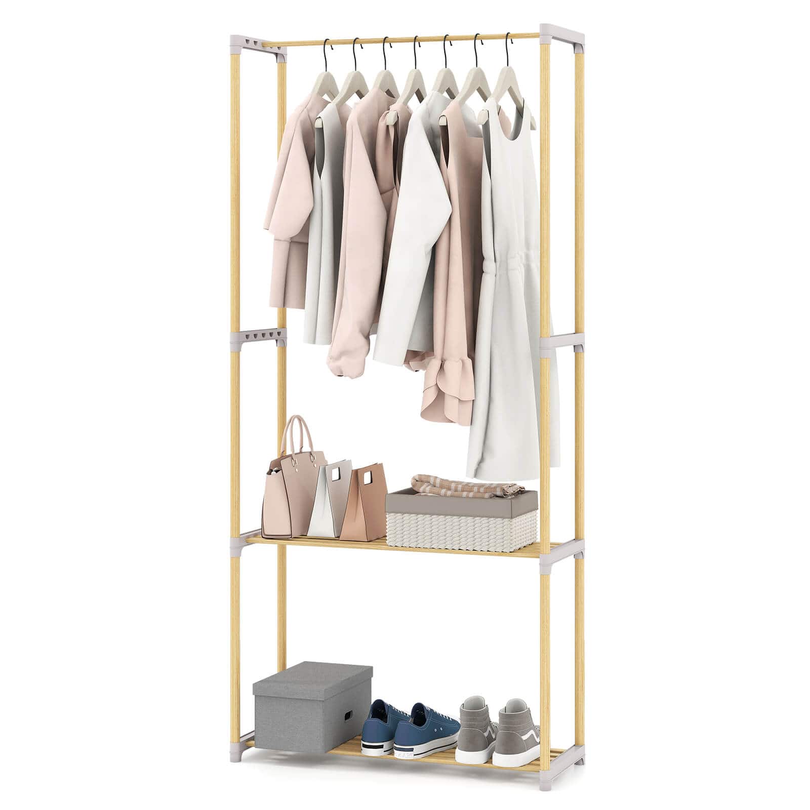 Costway - Pine Wood Clothes Rack with 2-Tier Open Storage Shelf for Bedroom, Wardrobe Closet - Natural,Gray