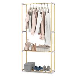 Costway - Pine Wood Clothes Rack with 2-Tier Open Storage Shelf for Bedroom, Wardrobe Closet - Natural,Gray