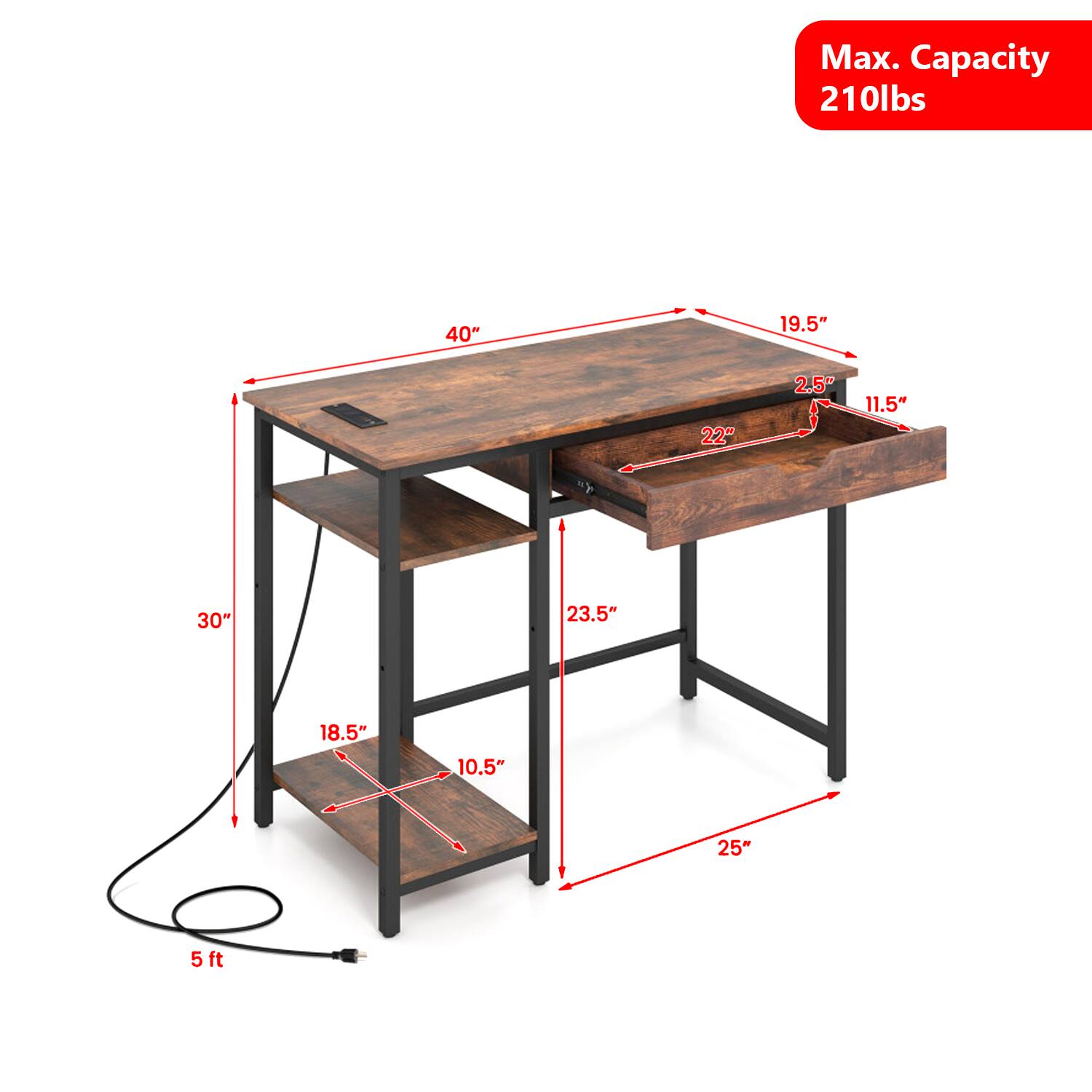 Max. Capacity 210lbs  
40"  
19.5"  
22"  
2.5"  
11.5"  
30"  
23.5"  
18.5"  
10.5"  
25"  
5ft