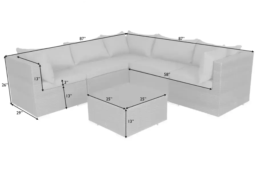 The text on the image reads: "87" 87" 26" 13" 3" 58" 13" 25" 25" 29" 13". This text is likely describing the dimensions of a couch or a piece of furniture. The numbers represent the length, width, and height of the furniture in inches.
