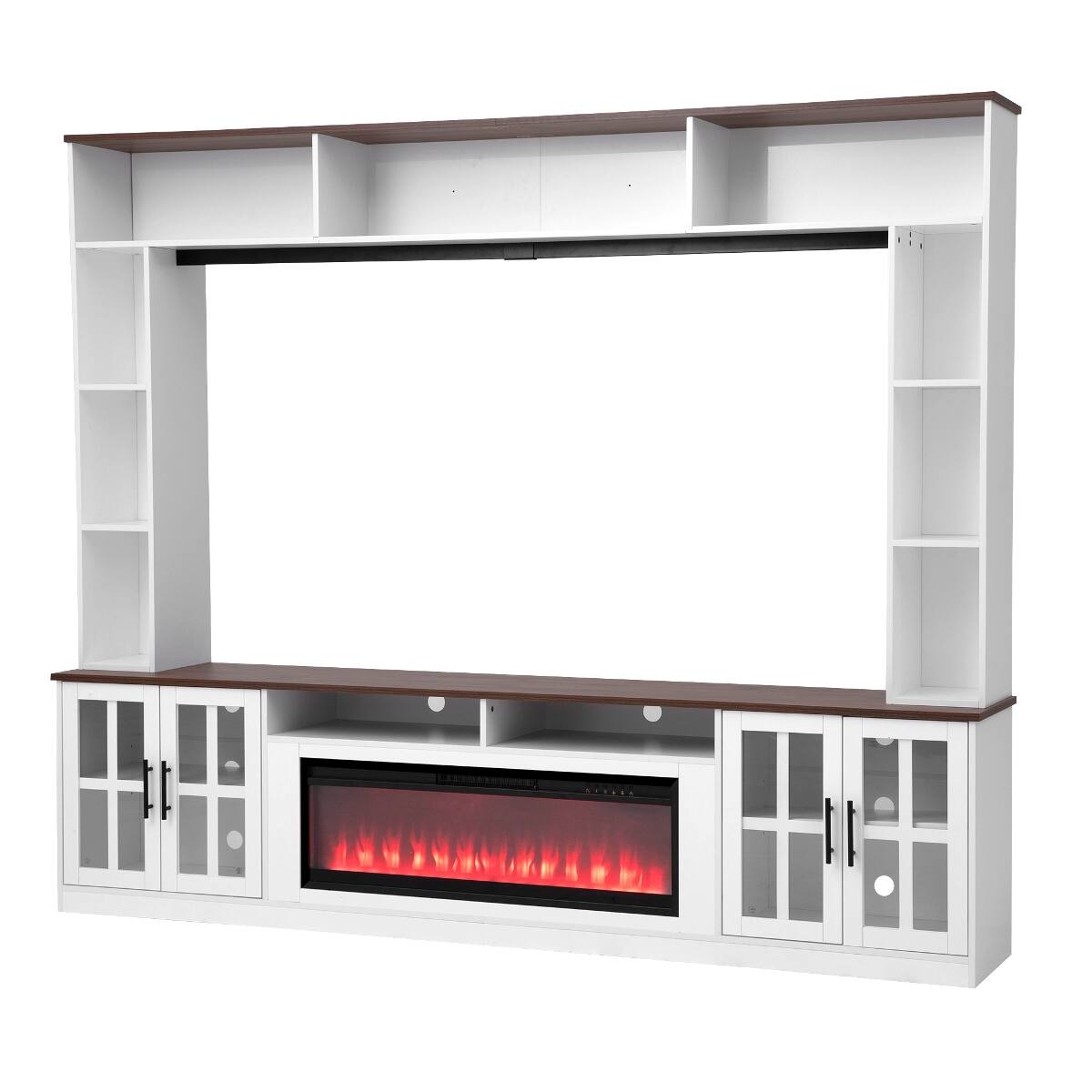 Alt View 9. Loheer - Loheer 95.5" Entertainment Center for 80 Inch TV with Electric Fireplace, White and Walnut - White+Walnut.