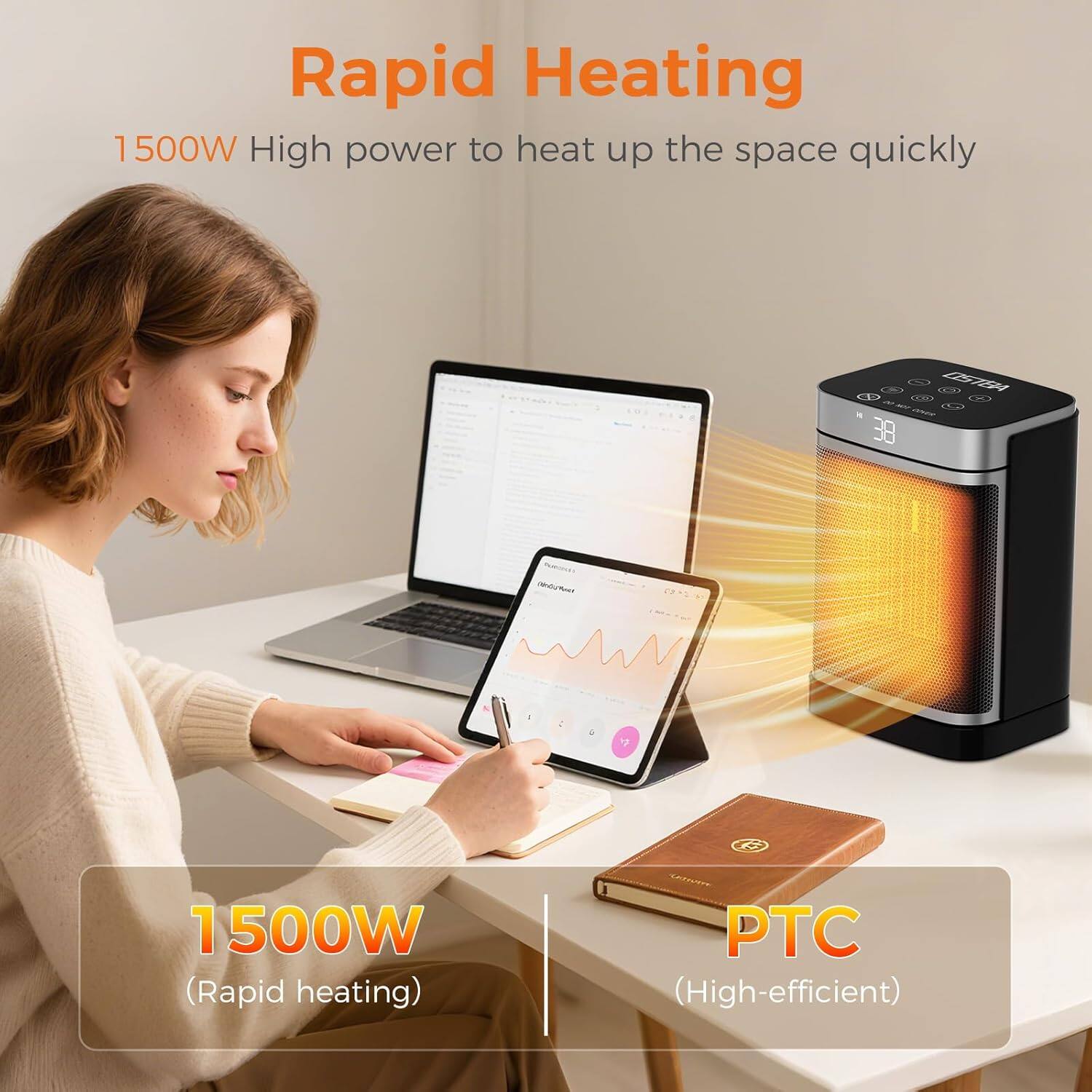 Alt View 4. OSTBA - 1500W Ceramic Space Heater with ECO, 70° Oscillation, Remote & 24H Timer. Safe, Quiet for Bedroom & Office - Black.