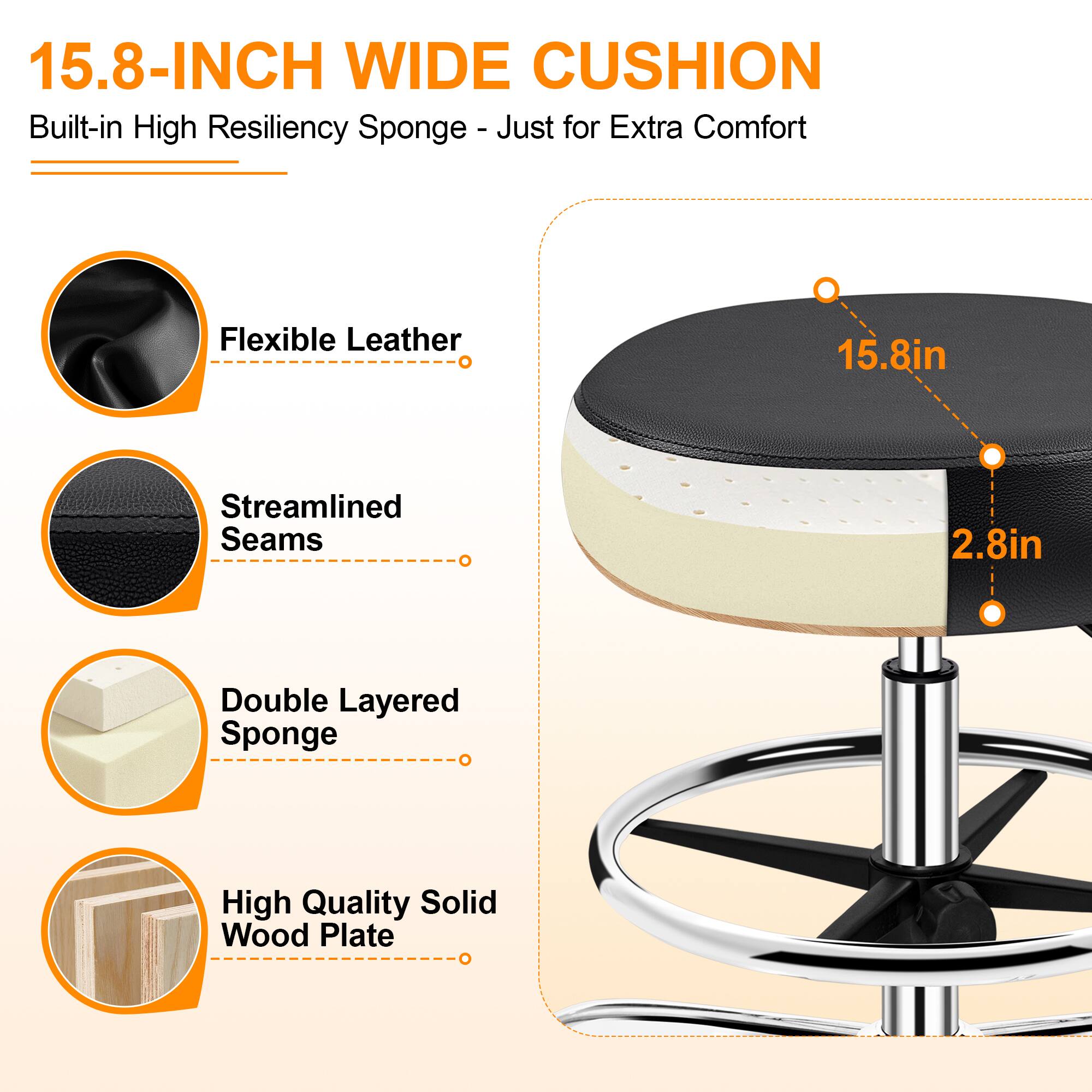 15.8-INCH WIDE CUSHION  
Built-in High Resiliency Sponge - Just for Extra Comfort  

Flexible Leather  
Streamlined Seams  
Double Layered Sponge  
High Quality Solid Wood Plate  

15.8in  
2.8in
