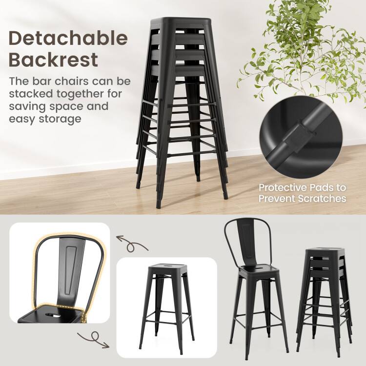 Detachable Backrest  
The bar chairs can be stacked together for saving space and easy storage  
Protective Pads to Prevent Scratches