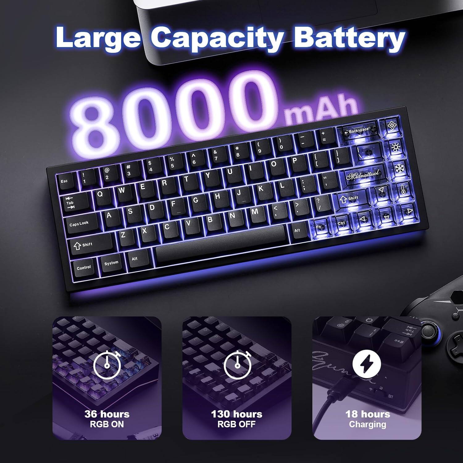 Large Capacity Battery 8000 mAh

- 36 hours RGB ON
- 130 hours RGB OFF
- 18 hours Charging