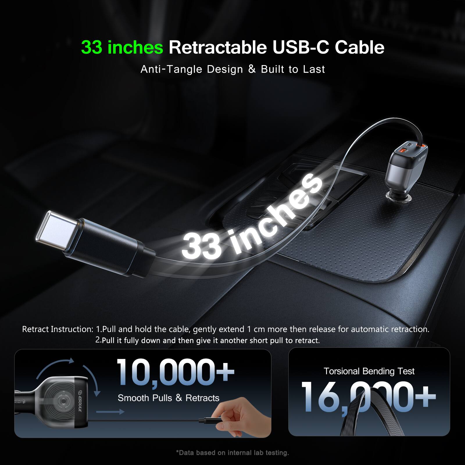 33 inches Retractable USB-C Cable  
Anti-Tangle Design & Built to Last  

Retract Instruction:  
1. Pull and hold the cable, gently extend 1 cm more then release for automatic retraction.  
2. Pull it fully down and then give it another short pull to retract.  

10,000+ Smooth Pulls & Retracts  
16,000+ Torsional Bending Test  

*Data based on internal lab testing.