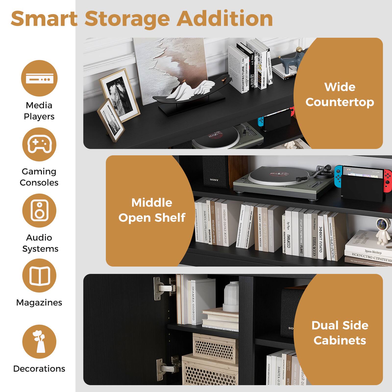 Smart Storage Addition

- Media Players
- Gaming Consoles
- Audio Systems
- Magazines
- Decorations

Wide Countertop

Middle Open Shelf

Dual Side Cabinets