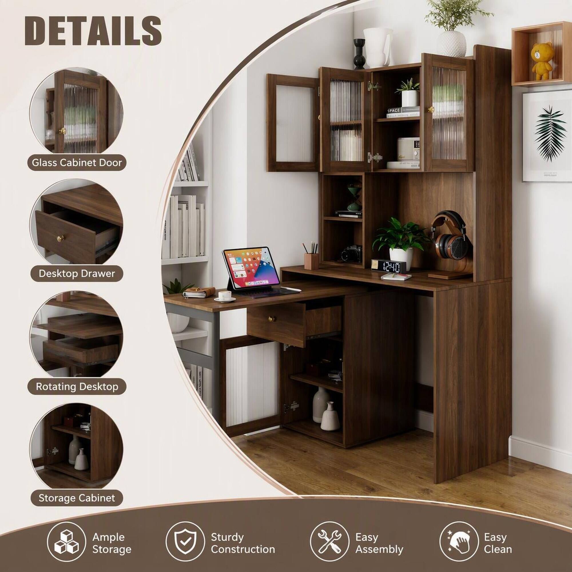 DETAILS
SPACE
Glass Cabinet Door
Desktop Drawer
1240
Rotating Desktop
Storage Cabinet
Ample Storage
Sturdy Construction
Easy Assembly
Easy Clean