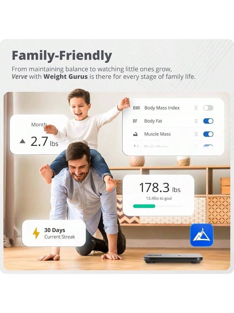 Family-Friendly  
From maintaining balance to watching little ones grow, Verve with Weight Gurus is there for every stage of family life.

Month  
2.7 lbs

BMI Body Mass Index  
BF Body Fat  
Muscle Mass  
Body Water

178.3 lbs  
13.4 lbs to goal

30 Days  
Current Streak