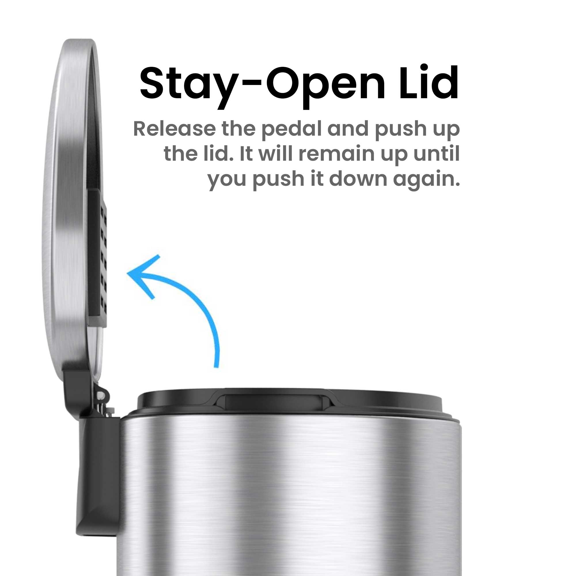 Stay-Open Lid

Release the pedal and push up the lid. It will remain up until you push it down again.