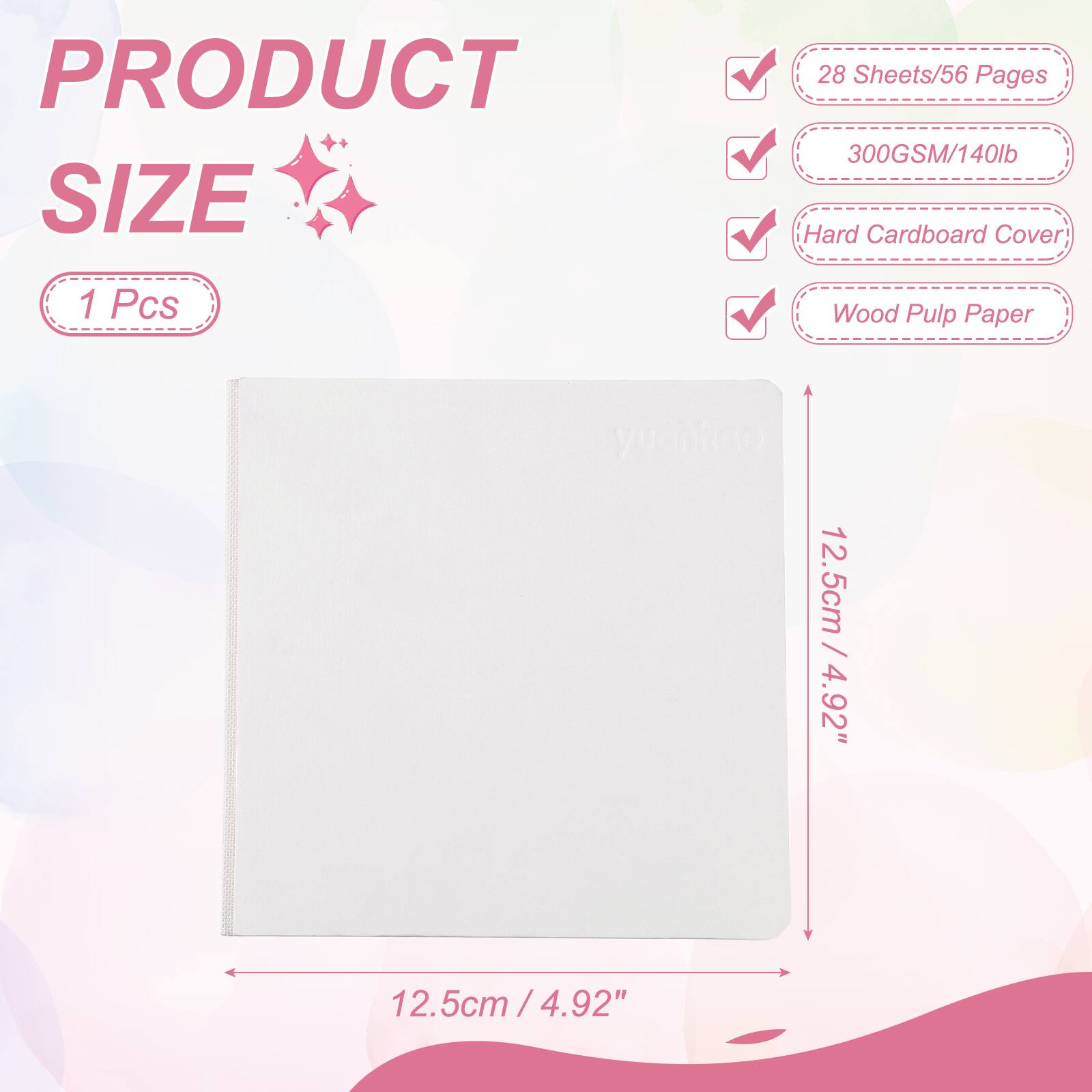 PRODUCT SIZE

1 Pcs

28 Sheets/56 Pages

300GSM/140lb

Hard Cardboard Cover

Wood Pulp Paper

12.5cm / 4.92"