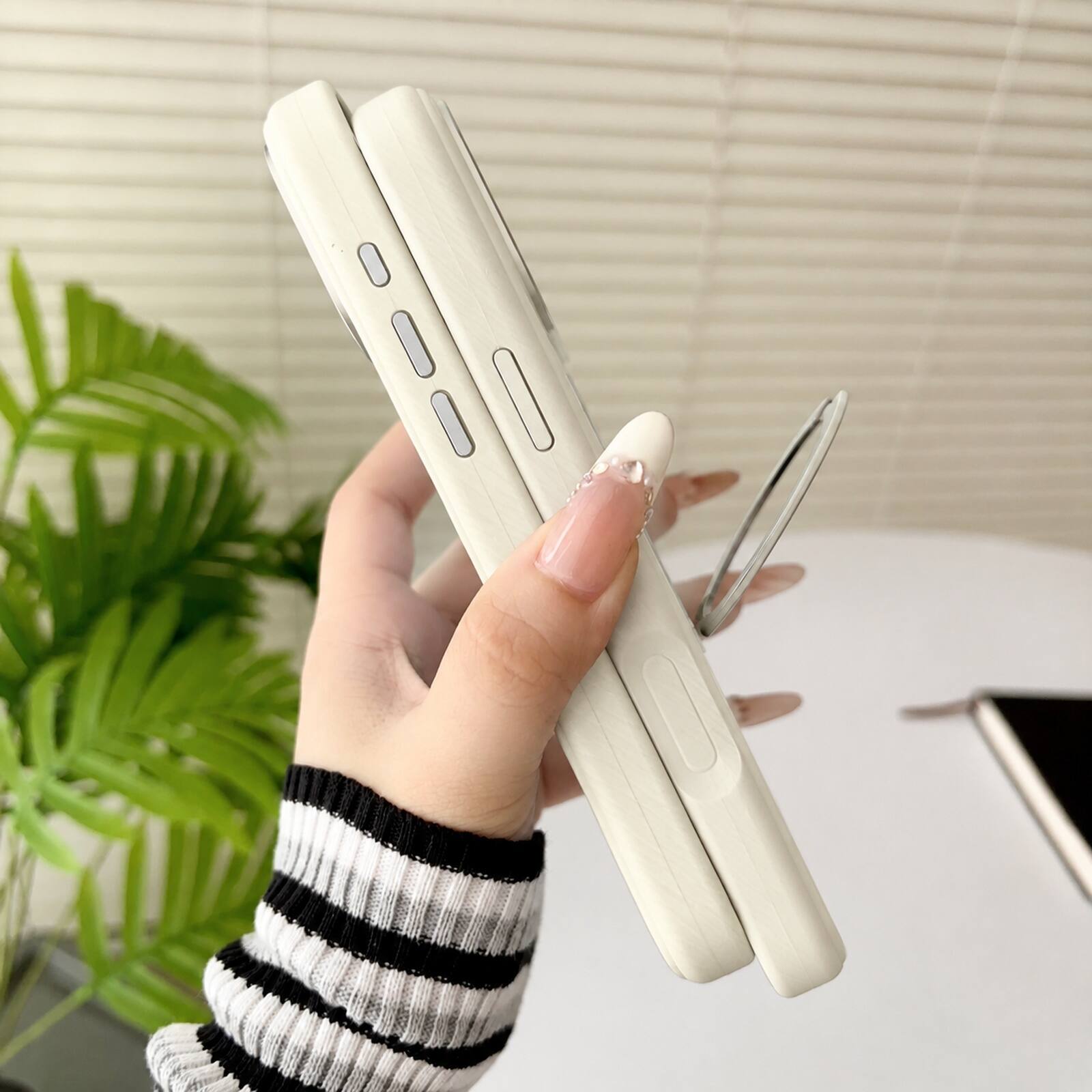Angle. Dteck - For iPhone 18 Pro Max Liquid Silicone Magnetic Case Compatible With Magsafe,Soft Rubber Wave-Shape Ring Kickstand Cover - Beige.