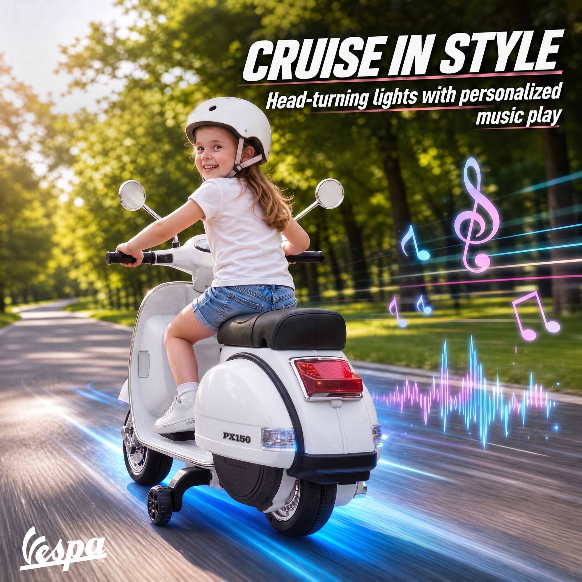 CRUISE IN STYLE  
Head-turning lights with personalized music play  

PX150  
Vespa