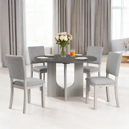 Front. Parrot Uncle - 5-Piece 47" Round Dining Table Set with 4 Chairs, U-Shaped Pedestal Base for Kitchen and Dining Room - Gray.