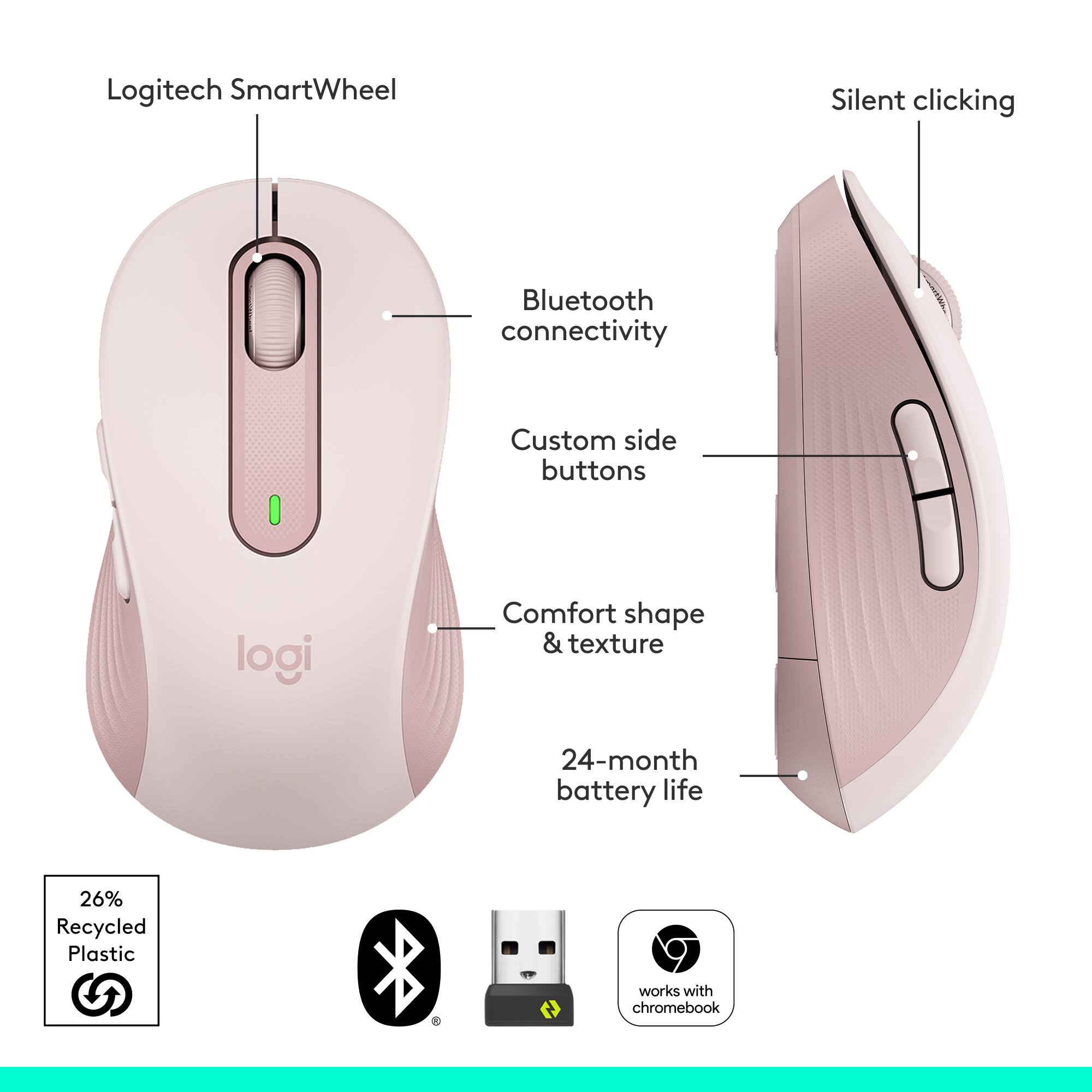 Logitech SmartWheel Silent clicking Bluetooth connectivity Custom side buttons Comfort shape & texture 24-month battery life 26% Recycled Plastic works with chromebook