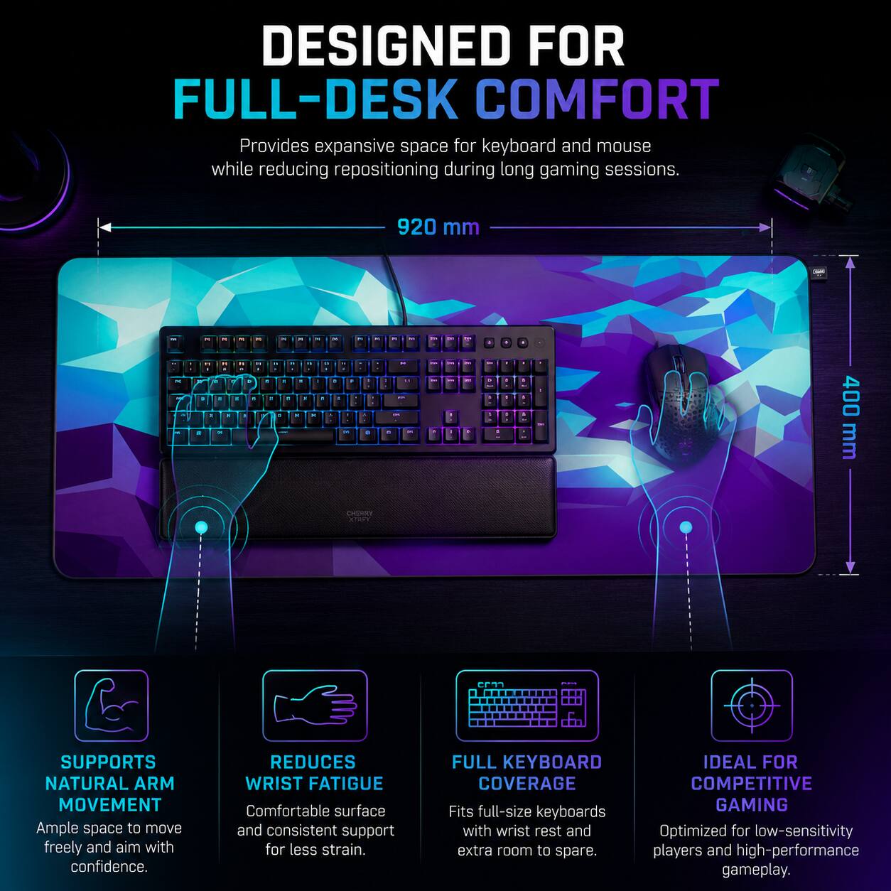 DESIGNED FOR FULL-DESK COMFORT  
Provides expansive space for keyboard and mouse while reducing repositioning during long gaming sessions.  
920 mm  

SUPPORTS NATURAL ARM MOVEMENT  
Ample space to move freely and aim with confidence.  

REDUCES WRIST FATIGUE  
Comfortable surface and consistent support for less strain.  

FULL KEYBOARD COVERAGE  
Fits full-size keyboards with wrist rest and extra room to spare.  

IDEAL FOR COMPETITIVE GAMING  
Optimized for low-sensitivity players and high-performance gameplay.