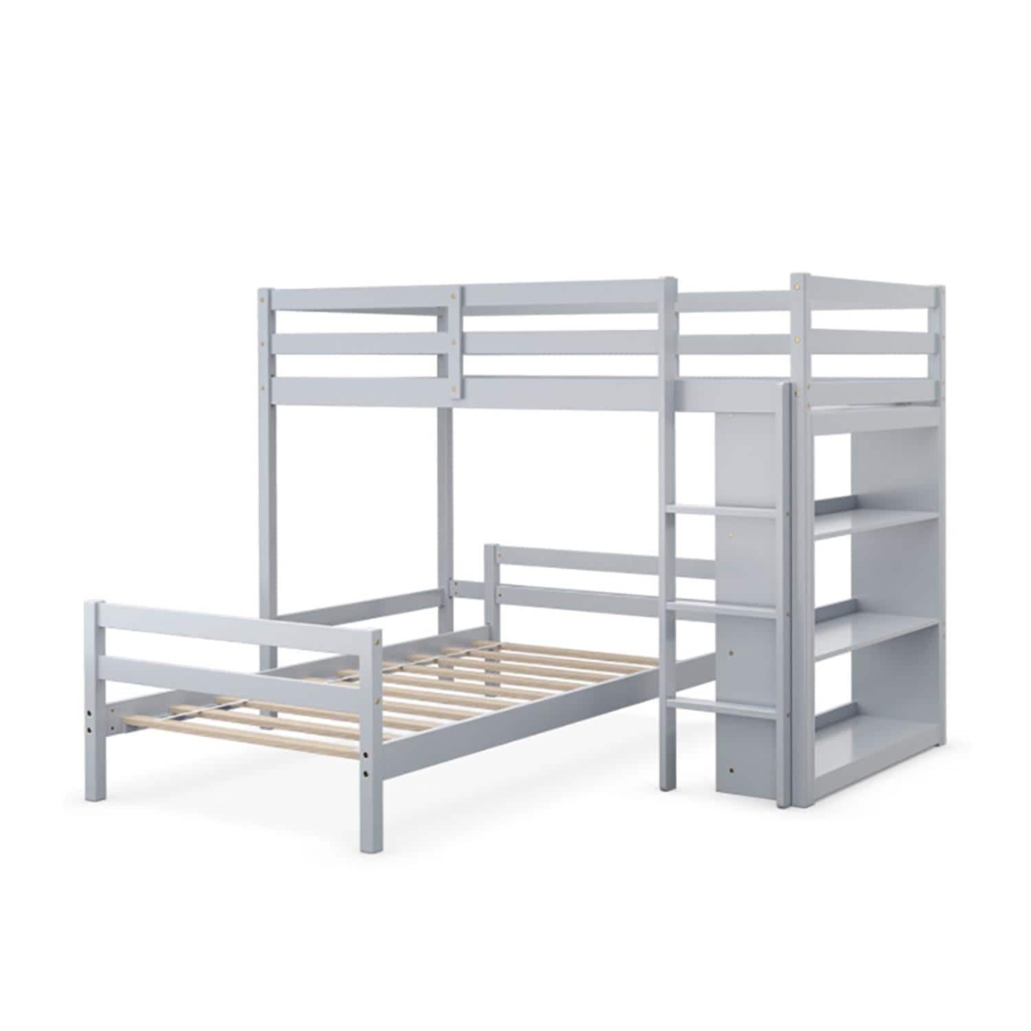 Pefilos - Twin Over Twin Loft Bunk Bed with Bookcase, Twin Bunk Beds, Space-saving Solid Wood House Bed Frame - Gray