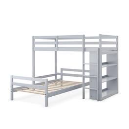 Pefilos - Twin Over Twin Loft Bunk Bed with Bookcase, Twin Bunk Beds, Space-saving Solid Wood House Bed Frame - Gray